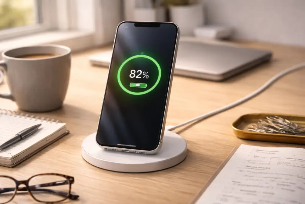 هاتف على مكتب عمل مع مؤشر بطارية مرتفع وشاحن بجانبه